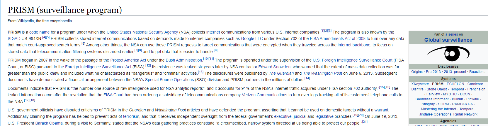 A Wikipedia article on the US government's PRISM surveillance program - this image is also a link to the article if you want to read more!